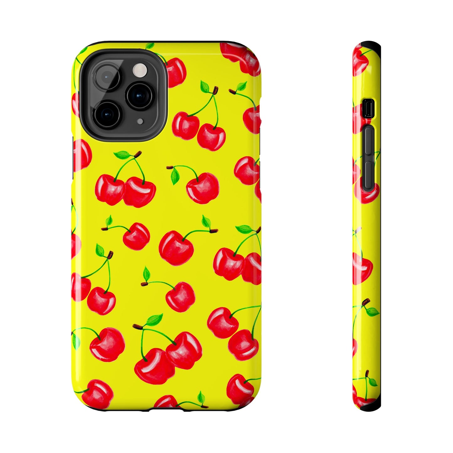 Tossed Red Watercolor Cherries Illustrated Pattern Bright Yellow Tough Phone Case | Various Models