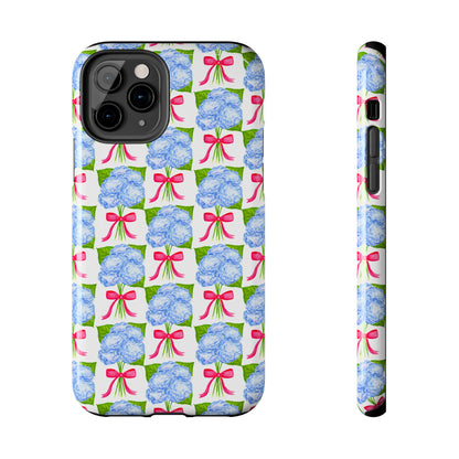 Blue Watercolor Hydrangea Bouquets with Hot Pink Bows Illustrated Patterned Tough Phone Case | Various Models