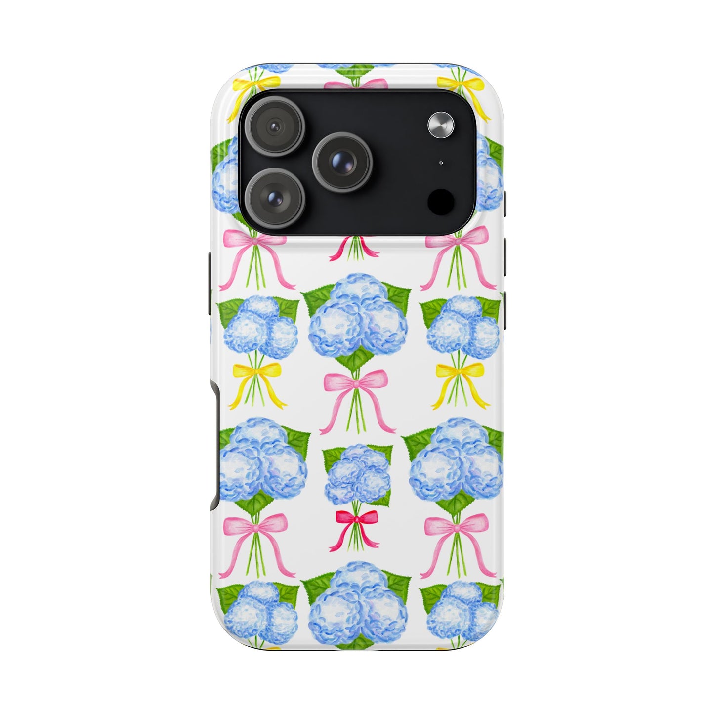 Blue Hydrangeas with Hot Pink, Yellow, Light Pink Bows Watercolor Illustrated Patterned Tough Phone Case | Various Models