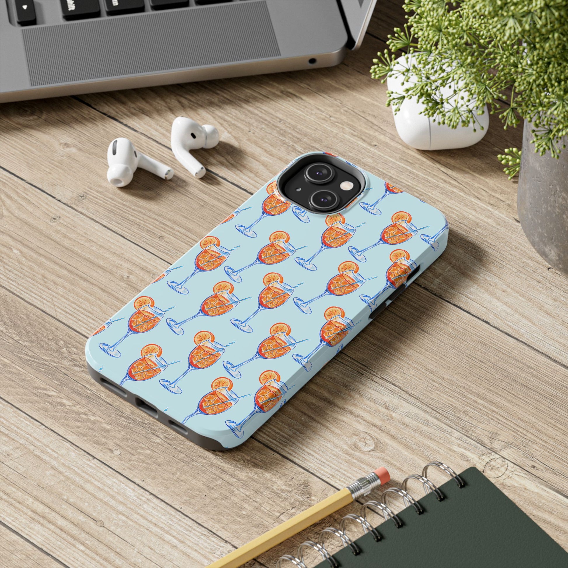 Orange & Blue Aperol Spritz Watercolor Pattern Turquoise Phone Case | Various Models