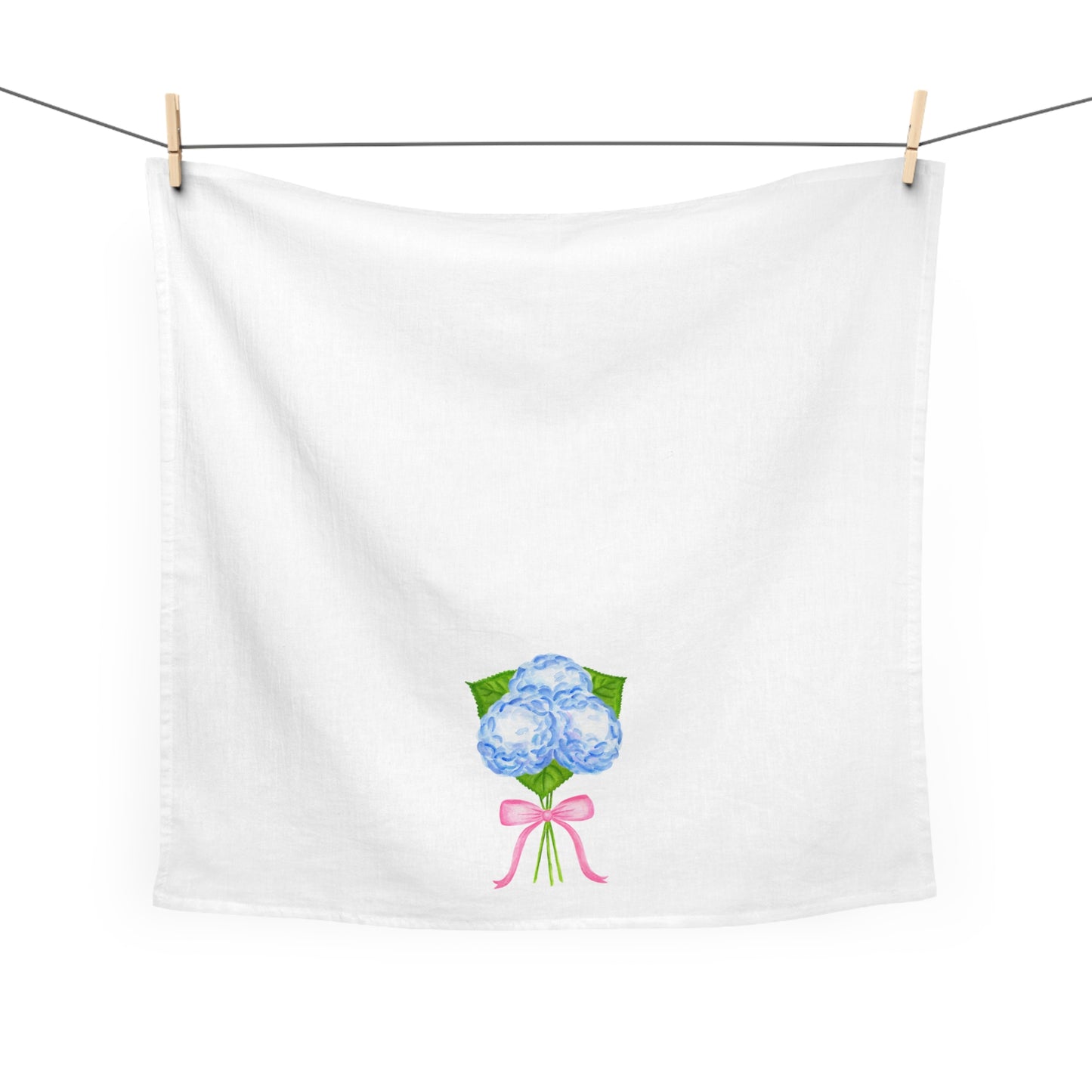 Tea Towel | Watercolor Blue Hydrangeas with Light Pink Bow Printed Illustration | Preppy Coastal Kitchen Decor Gifts