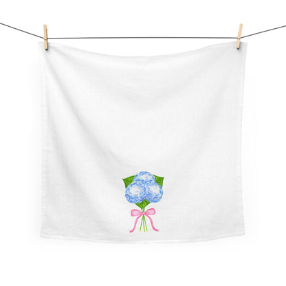 Tea Towel | Watercolor Blue Hydrangeas with Light Pink Bow Printed Illustration | Preppy Coastal Kitchen Decor Gifts