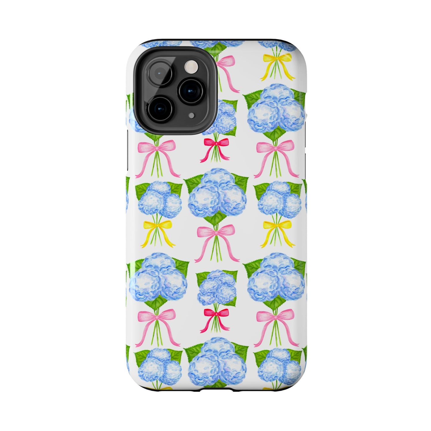 Blue Hydrangeas with Hot Pink, Yellow, Light Pink Bows Watercolor Illustrated Patterned Tough Phone Case | Various Models