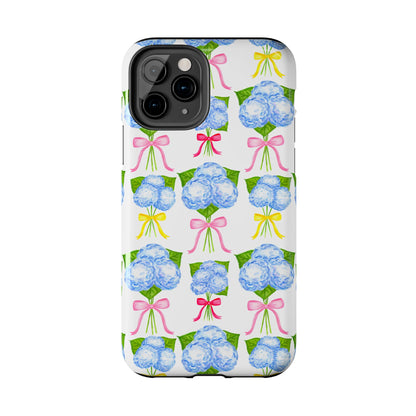 Blue Hydrangeas with Hot Pink, Yellow, Light Pink Bows Watercolor Illustrated Patterned Tough Phone Case | Various Models