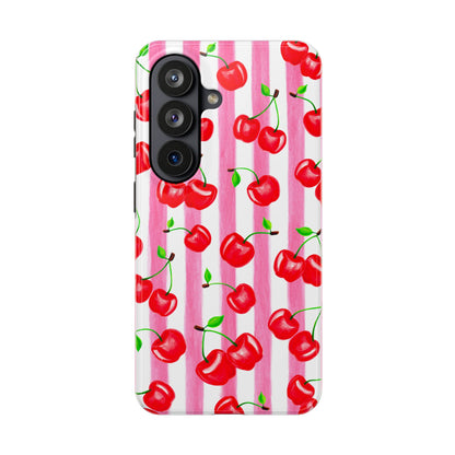 Tossed Red Watercolor Cherries Illustrated Pattern Light Pink Stripes Tough Phone Case | Various Models
