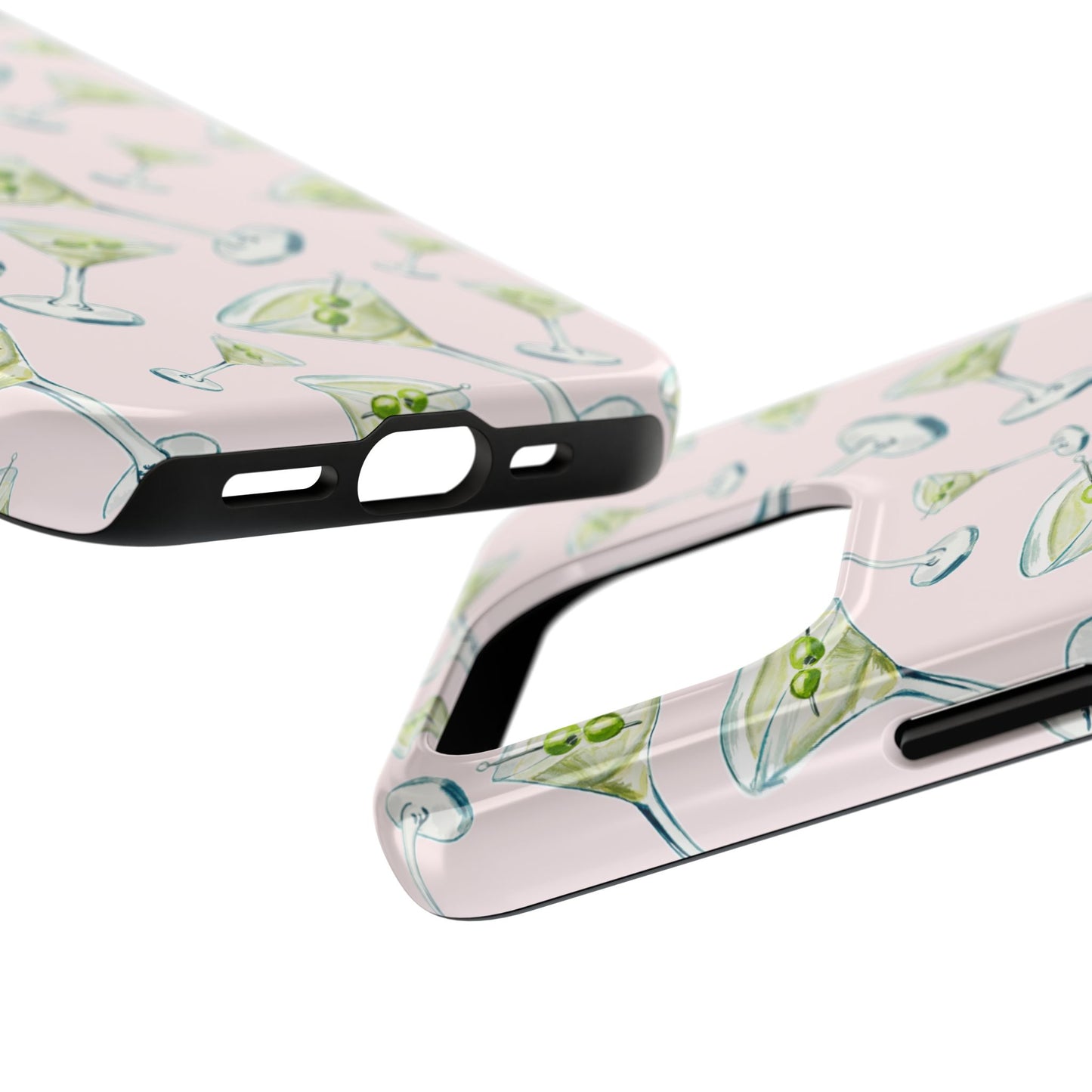 Watercolor Blue and Green Martinis Tossed Illustrated Pattern Blush Pink Tough Phone Case | Various Models