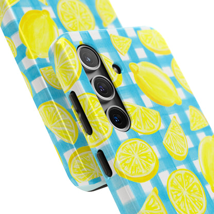Bright Yellow Lemons Watercolor Illustrated Tossed Pattern Turquoise Gingham Tough Phone Case | Various Models