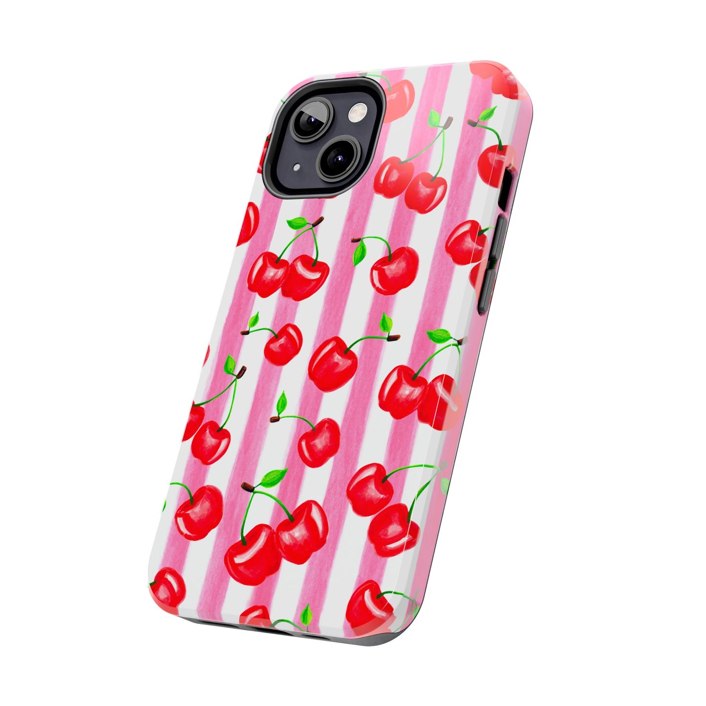 Tossed Red Watercolor Cherries Illustrated Pattern Light Pink Stripes Tough Phone Case | Various Models