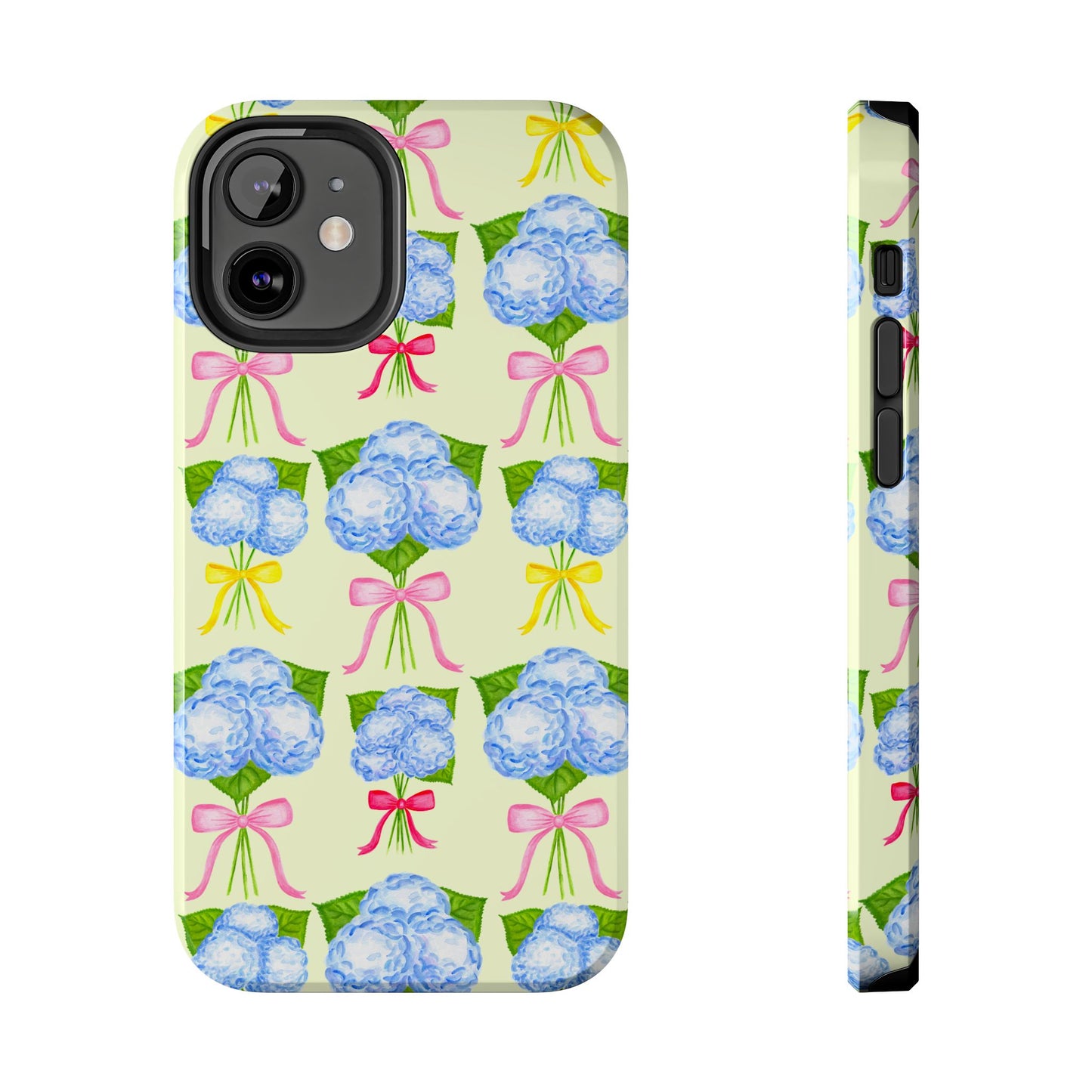 Blue Hydrangeas with Hot Pink, Yellow, Light Pink Bows Watercolor Illustrated Patterned Light Yellow Tough Phone Case | Various Models