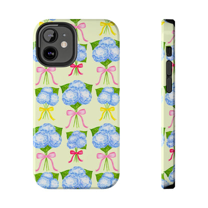 Blue Hydrangeas with Hot Pink, Yellow, Light Pink Bows Watercolor Illustrated Patterned Light Yellow Tough Phone Case | Various Models