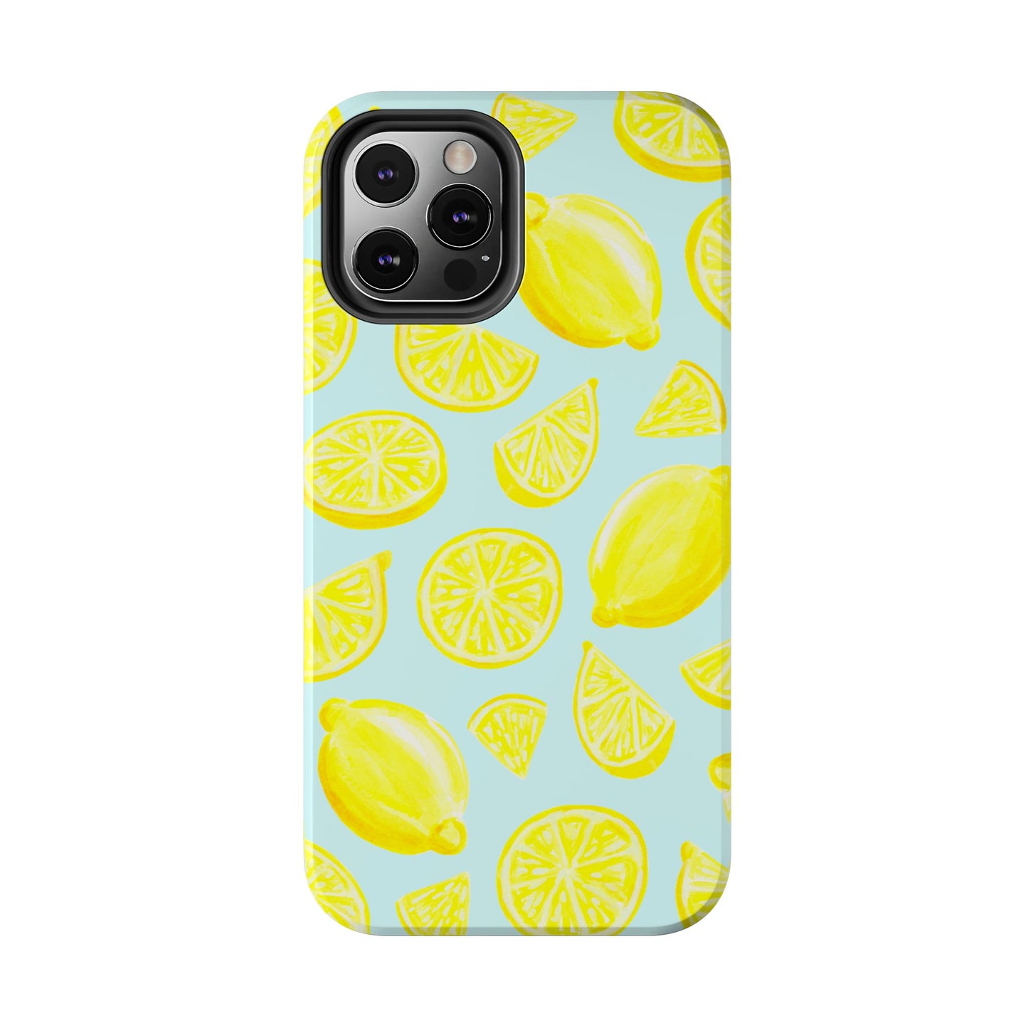 Bright Yellow Lemons Watercolor Illustrated Tossed Pattern Light Blue Tough Phone Case | Various Models