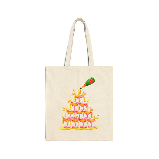 Canvas Tote | Pink Coupe Champagne Tower Orange Green Bottle Watercolor Farmers Market Tote | Cocktail Bachelorette Gift Hostess
