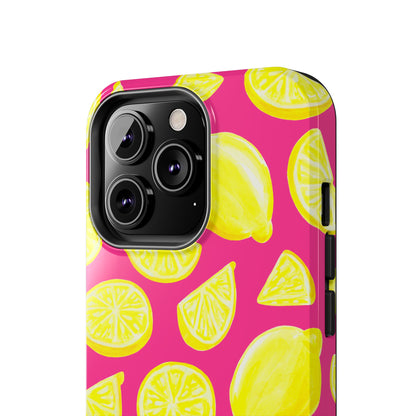 Bright Yellow Lemons Watercolor Illustrated Tossed Pattern Watermelon Pink Tough Phone Case | Various Models