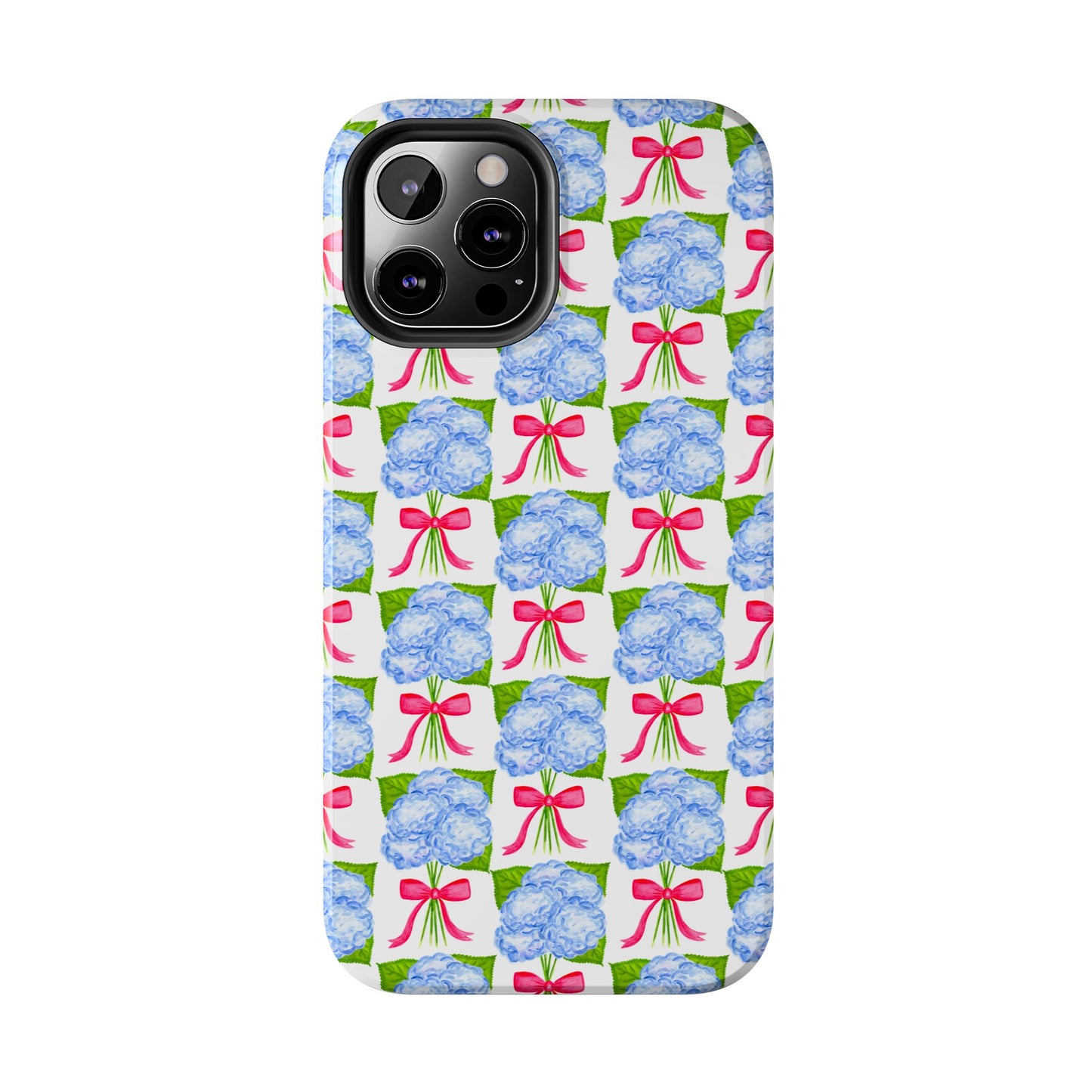 Blue Watercolor Hydrangea Bouquets with Hot Pink Bows Illustrated Patterned Tough Phone Case | Various Models