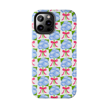 Blue Watercolor Hydrangea Bouquets with Hot Pink Bows Illustrated Patterned Tough Phone Case | Various Models