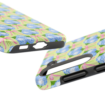 Blue Watercolor Hydrangea Bouquets with Light Pink Bows Watercolor Illustrated Patterned Yellow Tough Phone Case | Various Models