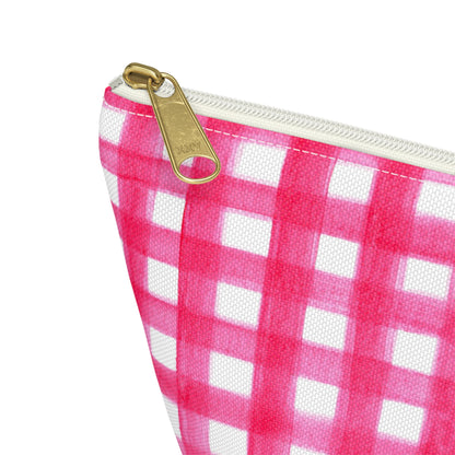Hot Pink Gingham Watercolor Illustrated Printed Accessory Pouch T-Bottom | Large or Small