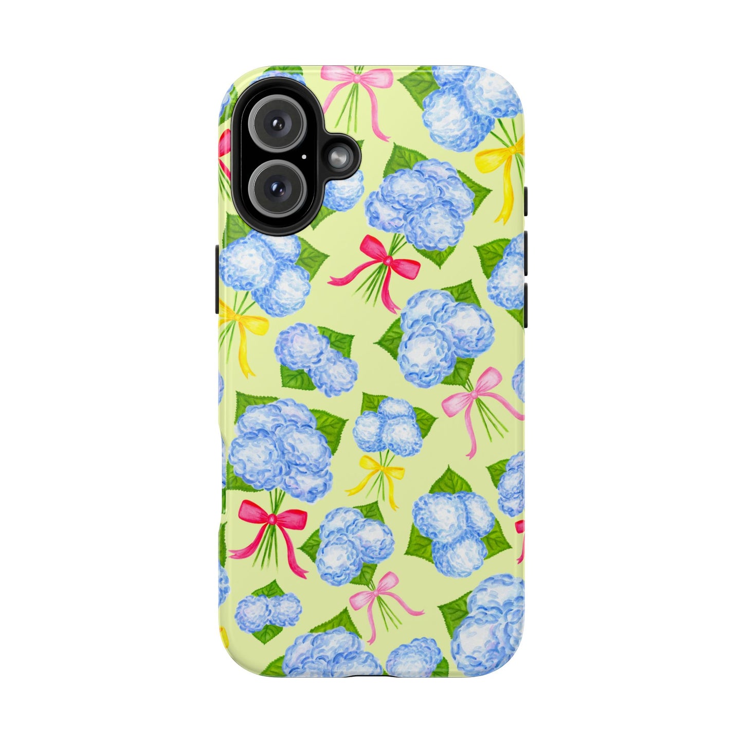 Blue Watercolor Hydrangea Bunches with Hot Pink, Yellow, Light Pink Bows Illustrated Patterned Yellow Tough Phone Case | Various Models