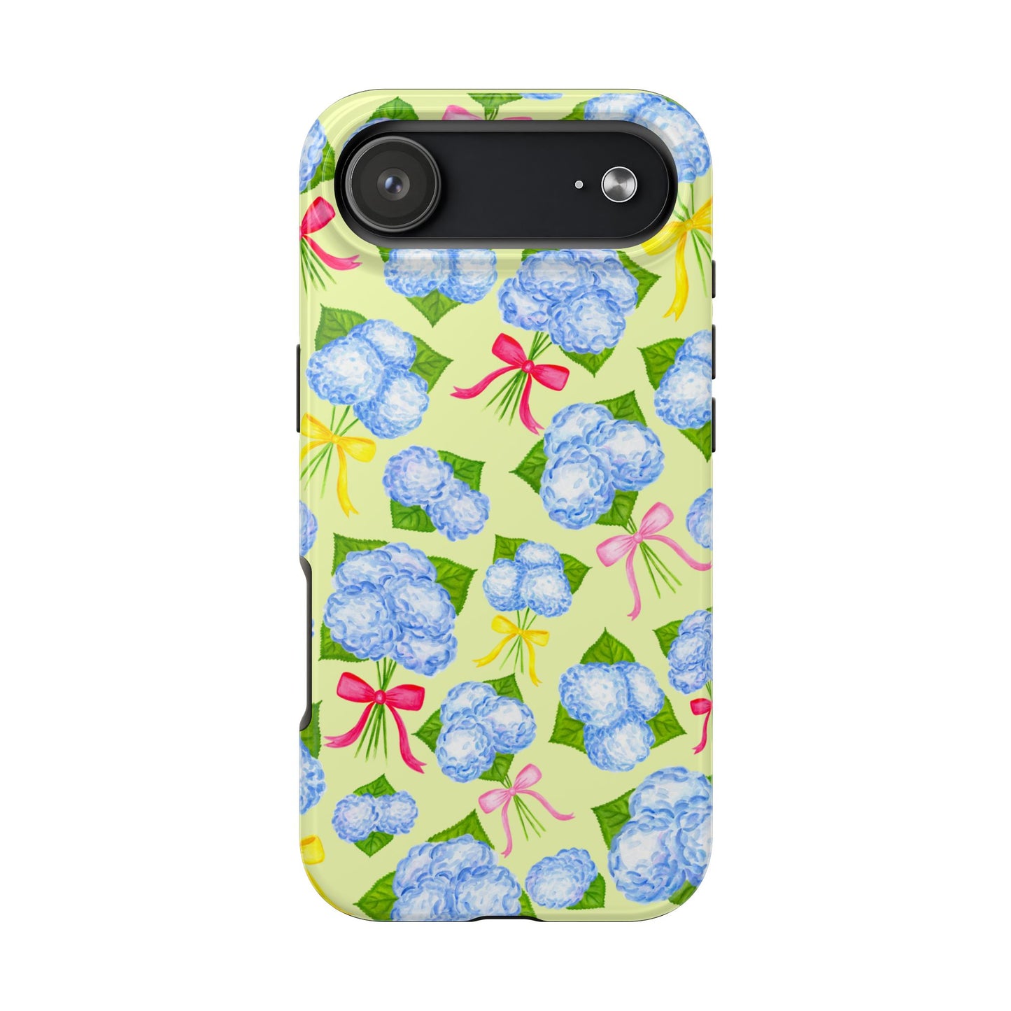 Blue Watercolor Hydrangea Bunches with Hot Pink, Yellow, Light Pink Bows Illustrated Patterned Yellow Tough Phone Case | Various Models