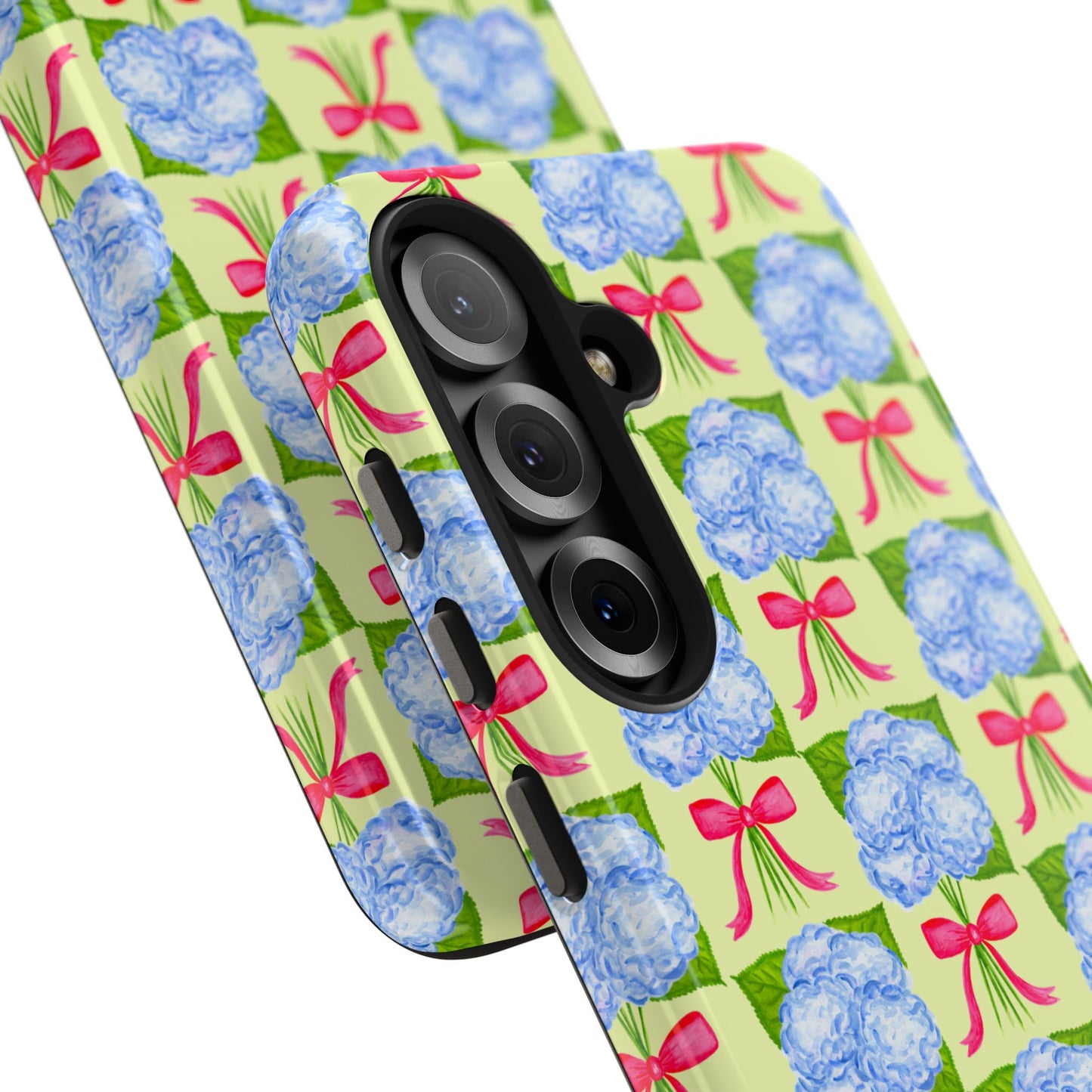Blue Watercolor Hydrangea Bouquets with Hot Pink Bows Illustrated Patterned Yellow Preppy Grand Millenial Tough Phone Case | Various Models