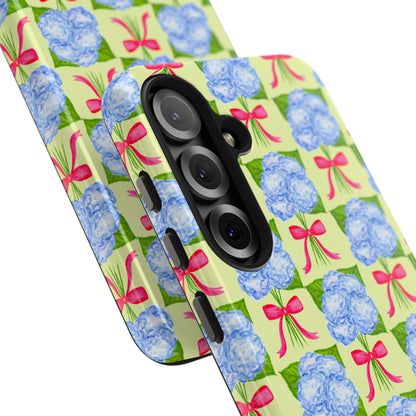 Blue Watercolor Hydrangea Bouquets with Hot Pink Bows Illustrated Patterned Yellow Preppy Grand Millenial Tough Phone Case | Various Models