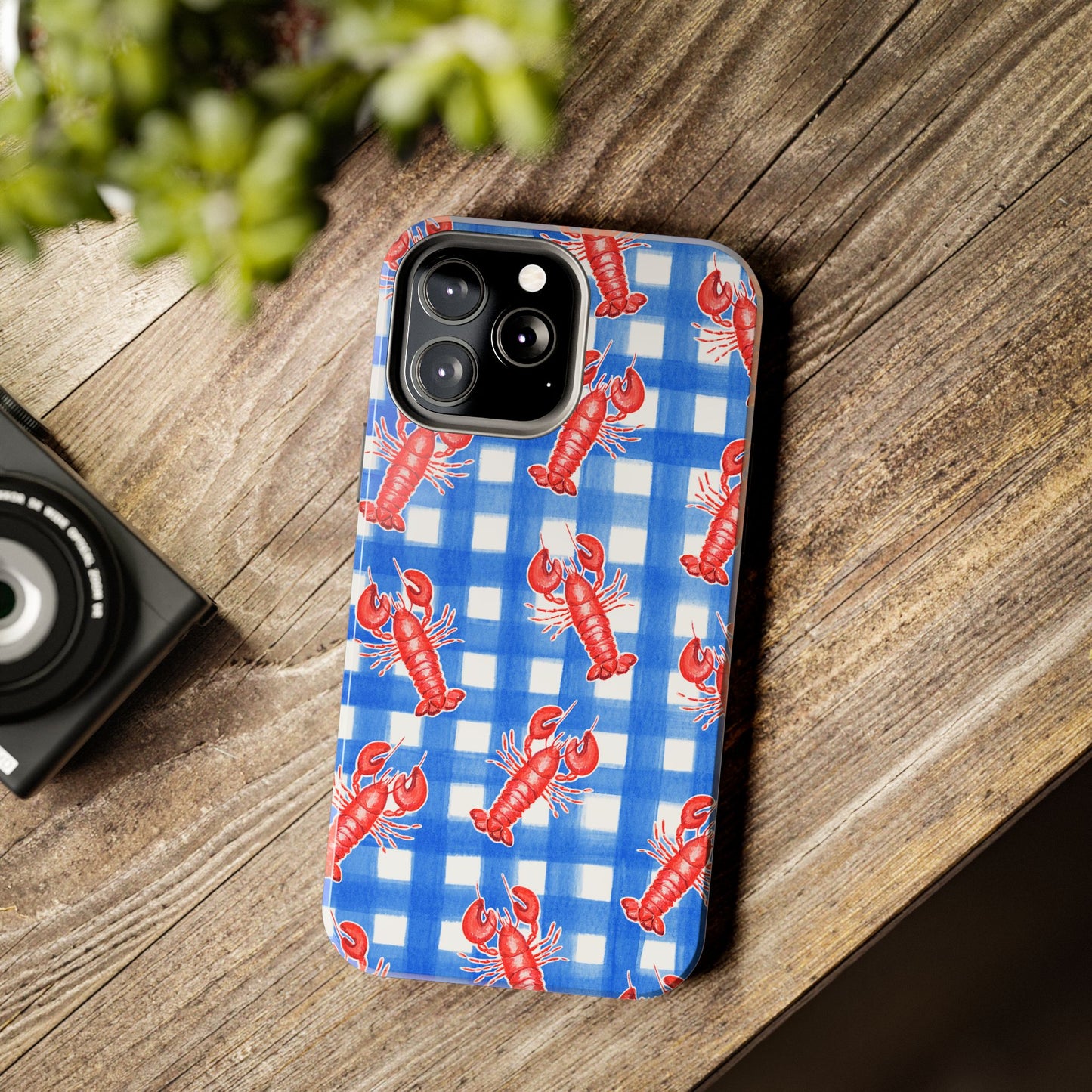 Blue Gingham Red Lobster Watercolor Patterned Phone Case | Various Models