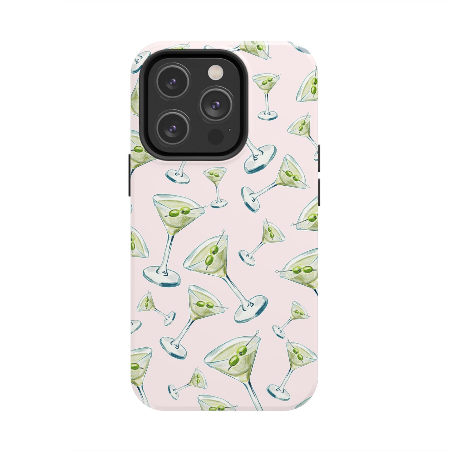 Watercolor Blue and Green Martinis Tossed Illustrated Pattern Blush Pink Tough Phone Case | Various Models
