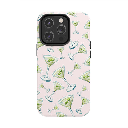 Watercolor Blue and Green Martinis Tossed Illustrated Pattern Blush Pink Tough Phone Case | Various Models