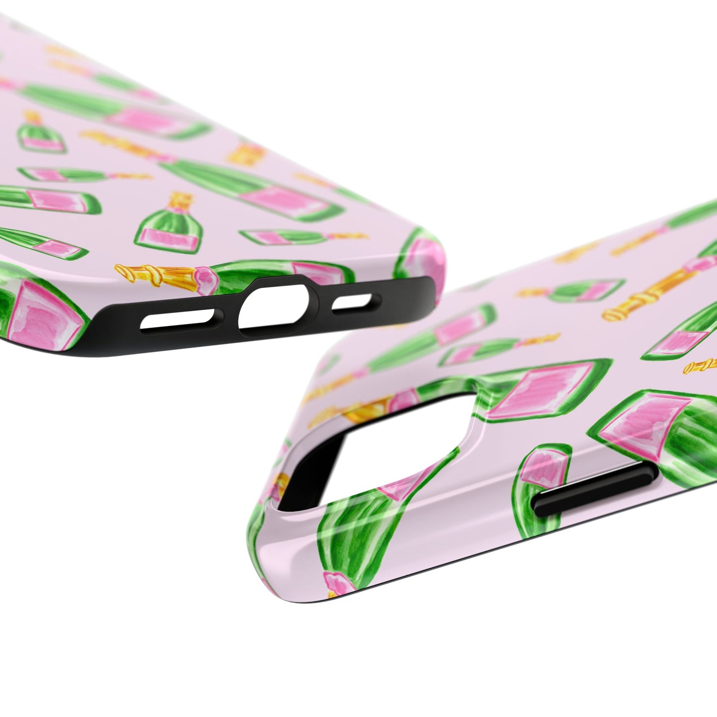 Tossed Pink and Green Watercolor Illustrated Champagne Bottles Pattern Blush Pink Tough Phone Case | Various Models