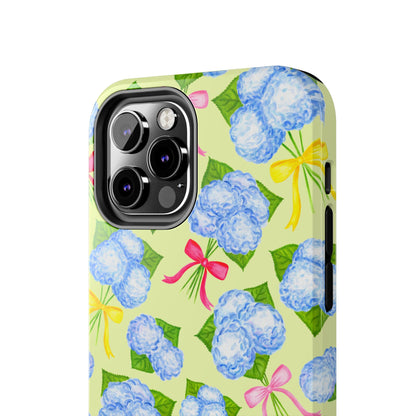 Blue Watercolor Hydrangea Bunches with Hot Pink, Yellow, Light Pink Bows Illustrated Patterned Yellow Tough Phone Case | Various Models