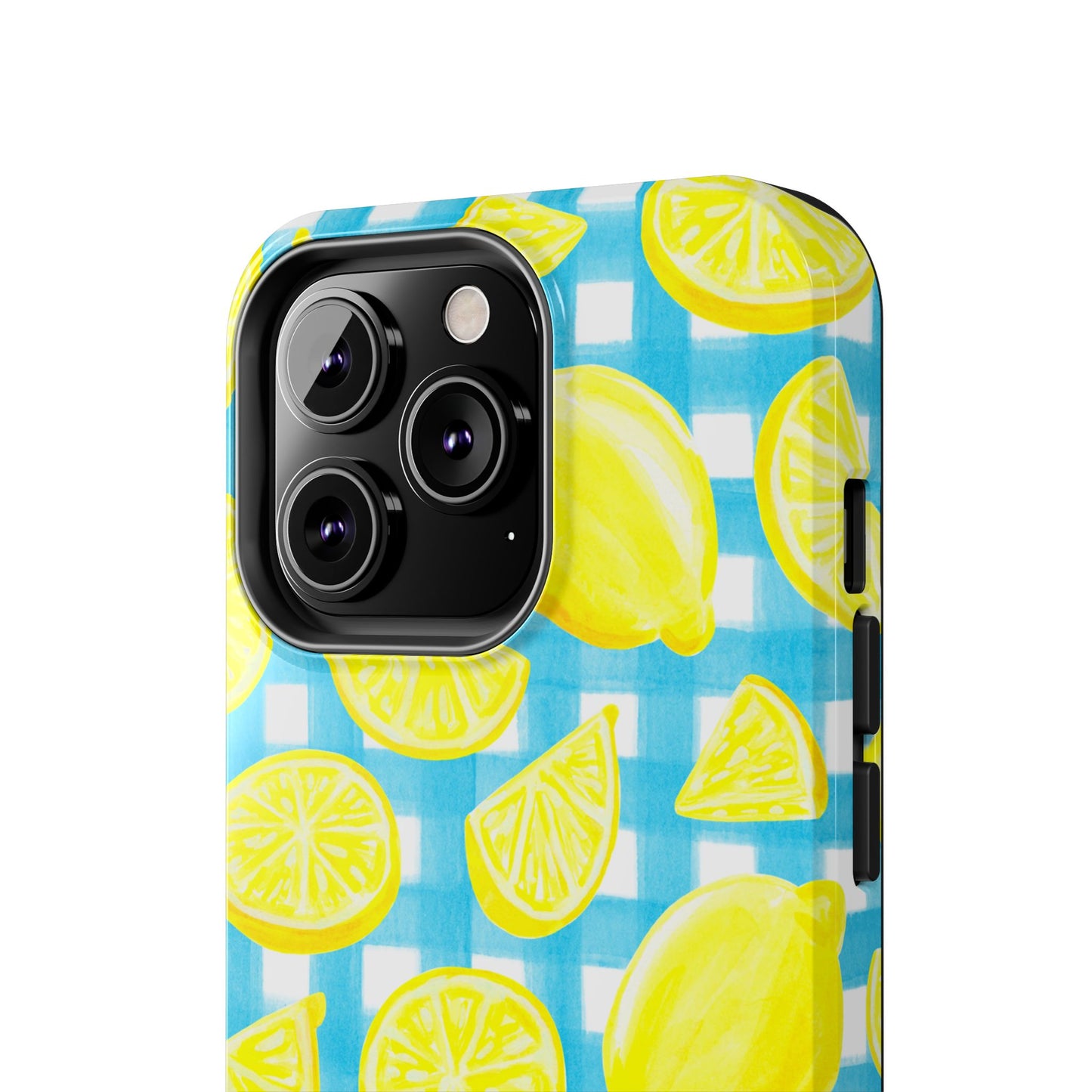 Bright Yellow Lemons Watercolor Illustrated Tossed Pattern Turquoise Gingham Tough Phone Case | Various Models
