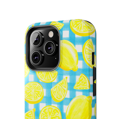 Bright Yellow Lemons Watercolor Illustrated Tossed Pattern Turquoise Gingham Tough Phone Case | Various Models