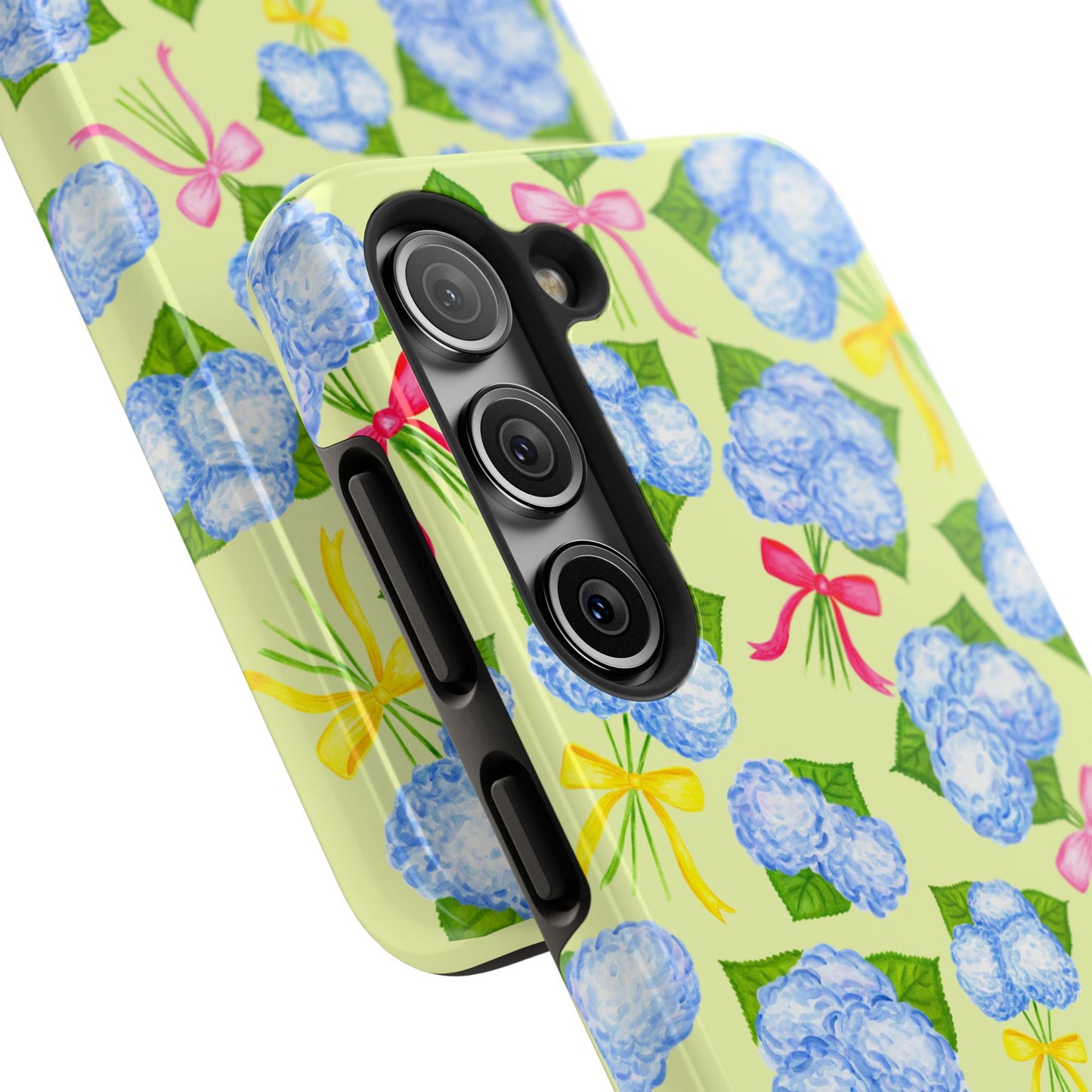 Blue Watercolor Hydrangea Bunches with Hot Pink, Yellow, Light Pink Bows Illustrated Patterned Yellow Tough Phone Case | Various Models