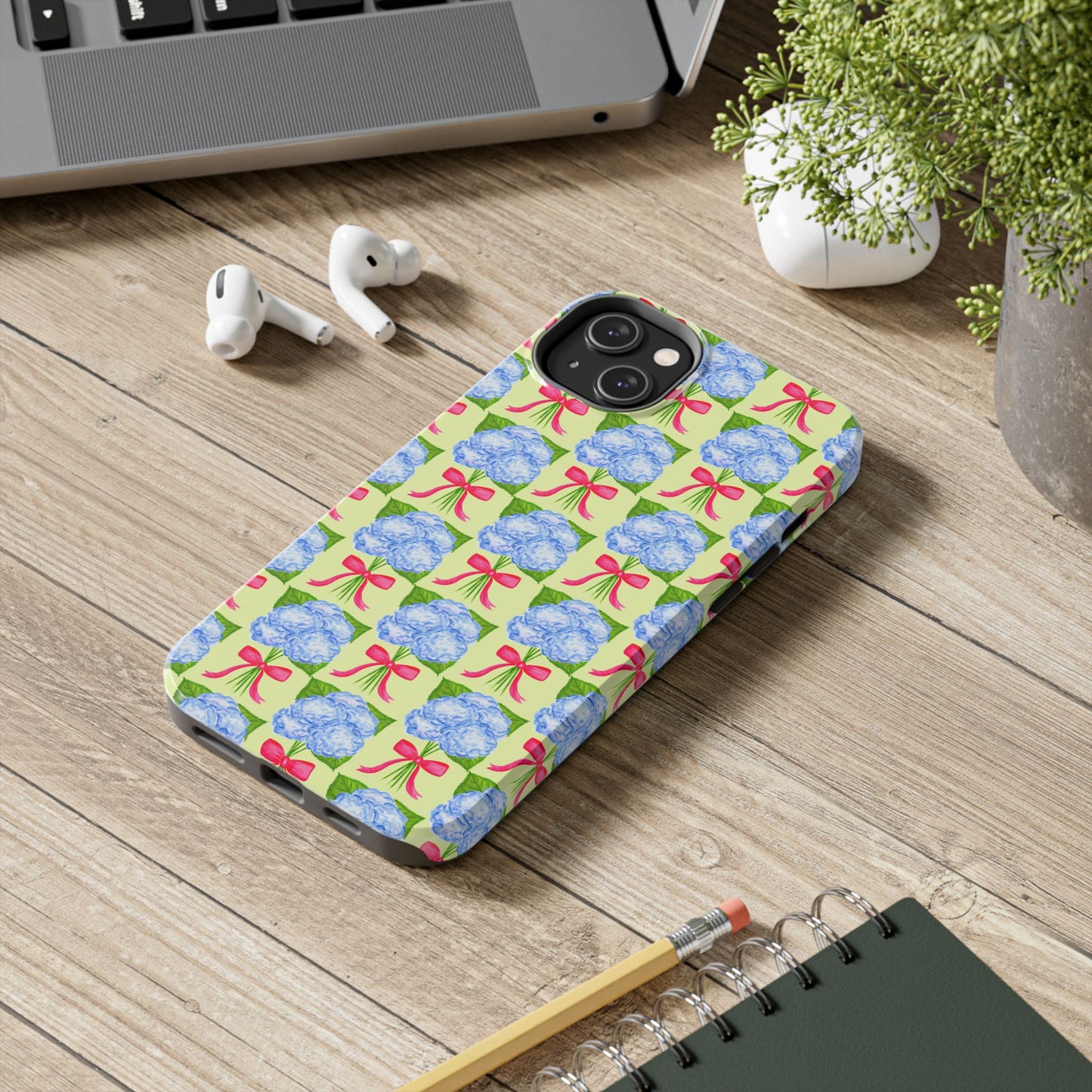 Blue Watercolor Hydrangea Bouquets with Hot Pink Bows Illustrated Patterned Yellow Preppy Grand Millenial Tough Phone Case | Various Models
