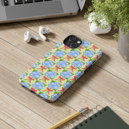 Blue Watercolor Hydrangea Bouquets with Hot Pink Bows Illustrated Patterned Yellow Preppy Grand Millenial Tough Phone Case | Various Models