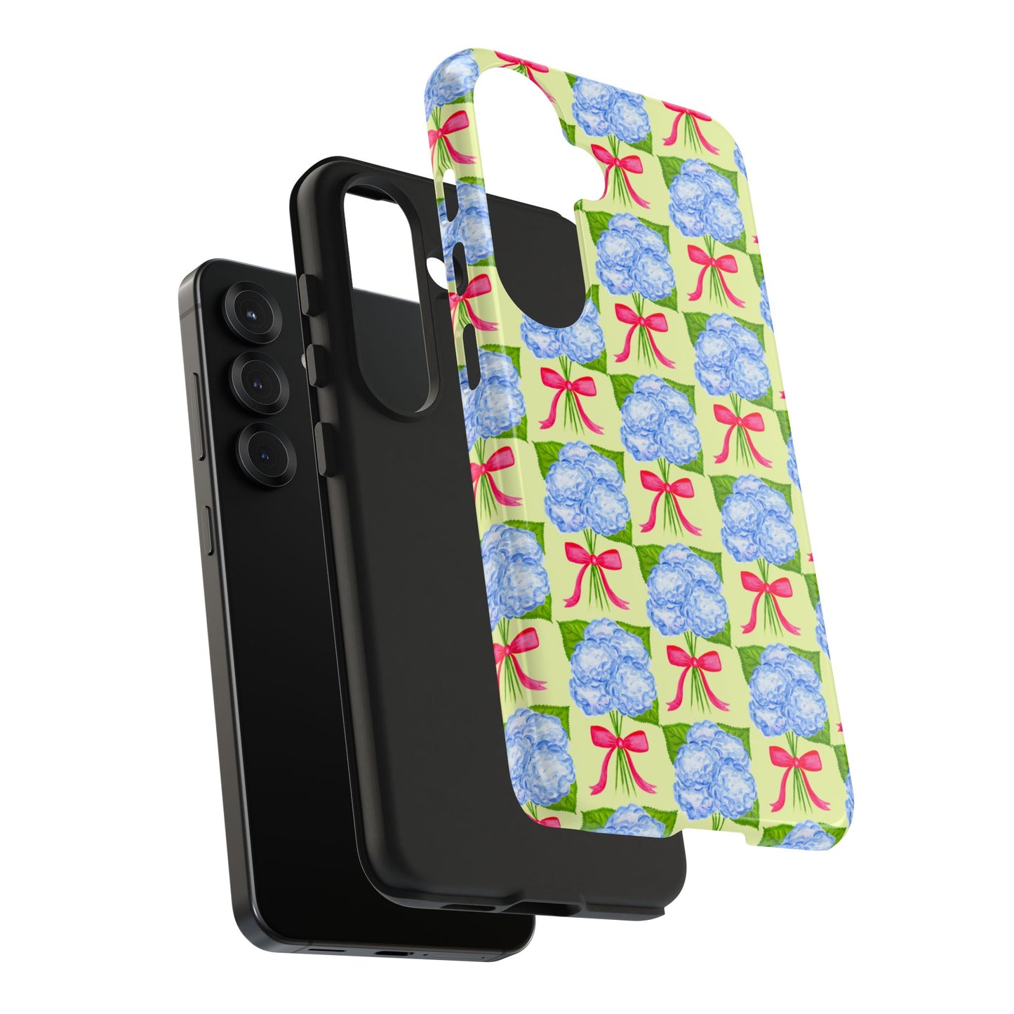 Blue Watercolor Hydrangea Bouquets with Hot Pink Bows Illustrated Patterned Yellow Preppy Grand Millenial Tough Phone Case | Various Models
