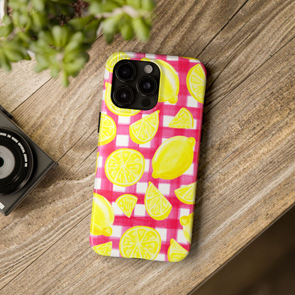 Yellow Lemons & Hot Pink Gingham Watercolor Illustrated Tough Phone Case | Various Models Available