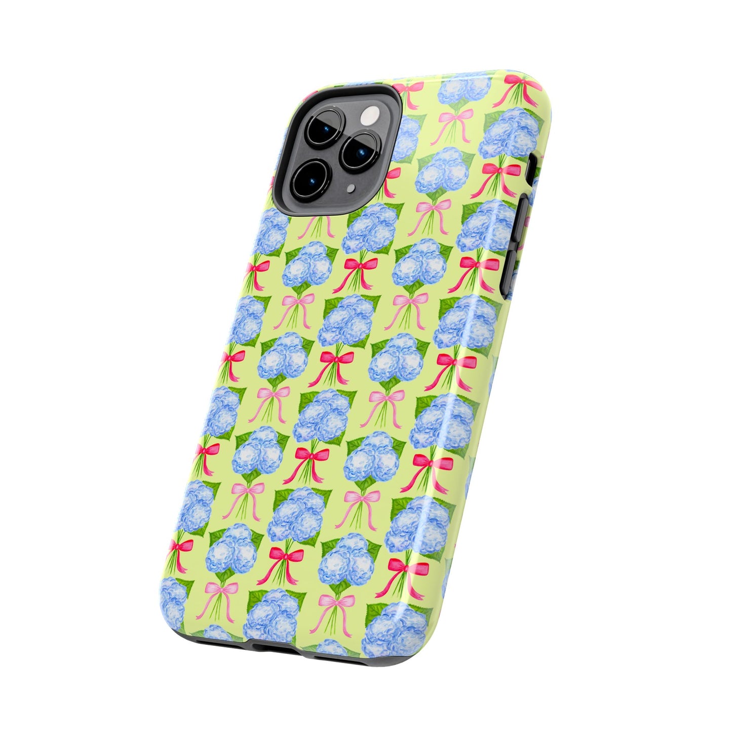 Watercolor Blue Hydrangea Bouquets with Hot Pink and Light Pink Bow Ribbons Illustrated Pattern Yellow Tough Phone Case | Various Models