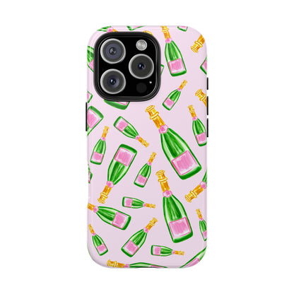 Tossed Pink and Green Watercolor Illustrated Champagne Bottles Pattern Blush Pink Tough Phone Case | Various Models