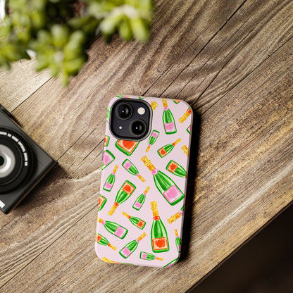 Tossed Pink and Green & Orange and Green Watercolor Illustrated Champagne Bottles Pattern Blush Pink Tough Phone Case | Various Models