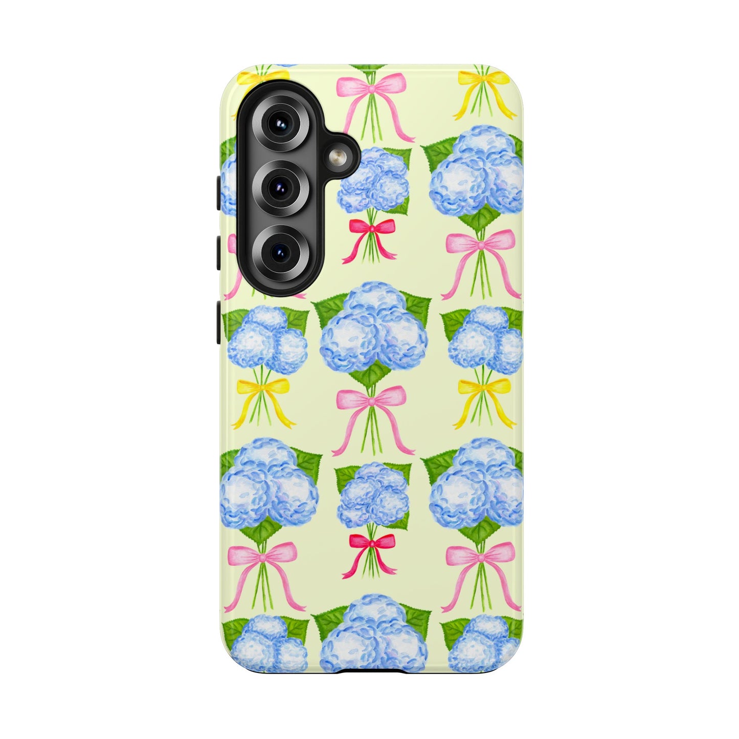 Blue Hydrangeas with Hot Pink, Yellow, Light Pink Bows Watercolor Illustrated Patterned Light Yellow Tough Phone Case | Various Models