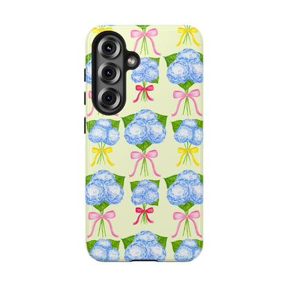 Blue Hydrangeas with Hot Pink, Yellow, Light Pink Bows Watercolor Illustrated Patterned Light Yellow Tough Phone Case | Various Models