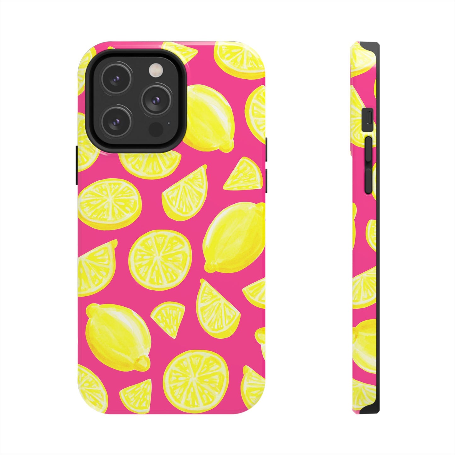 Bright Yellow Lemons Watercolor Illustrated Tossed Pattern Watermelon Pink Tough Phone Case | Various Models