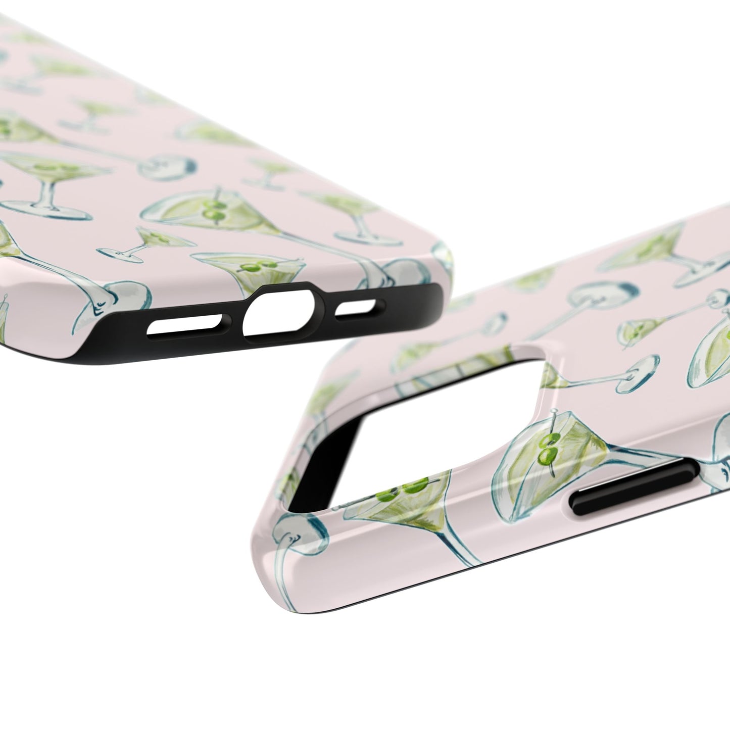 Watercolor Blue and Green Martinis Tossed Illustrated Pattern Blush Pink Tough Phone Case | Various Models