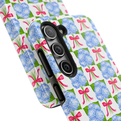 Blue Watercolor Hydrangea Bouquets with Hot Pink Bows Illustrated Patterned Tough Phone Case | Various Models