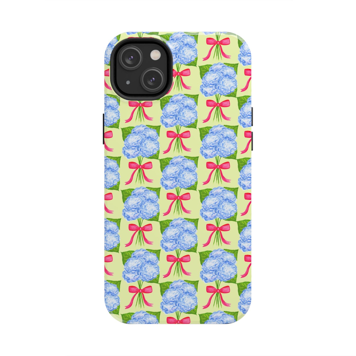 Blue Watercolor Hydrangea Bouquets with Hot Pink Bows Illustrated Patterned Yellow Preppy Grand Millenial Tough Phone Case | Various Models
