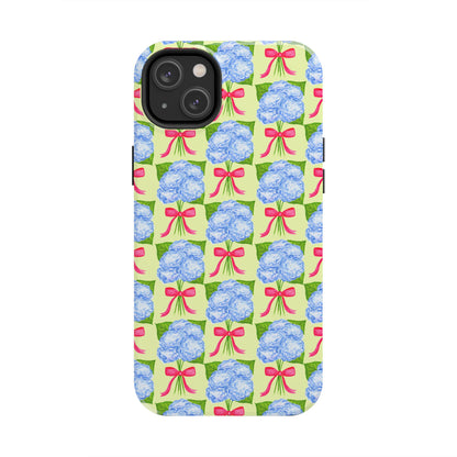 Blue Watercolor Hydrangea Bouquets with Hot Pink Bows Illustrated Patterned Yellow Preppy Grand Millenial Tough Phone Case | Various Models
