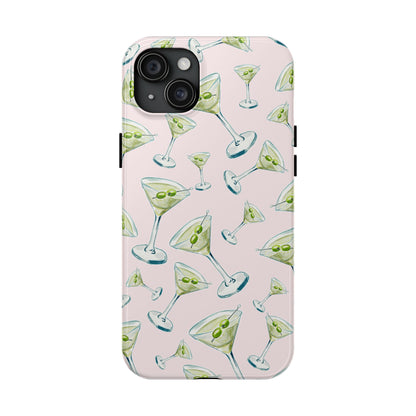 Watercolor Blue and Green Martinis Tossed Illustrated Pattern Blush Pink Tough Phone Case | Various Models