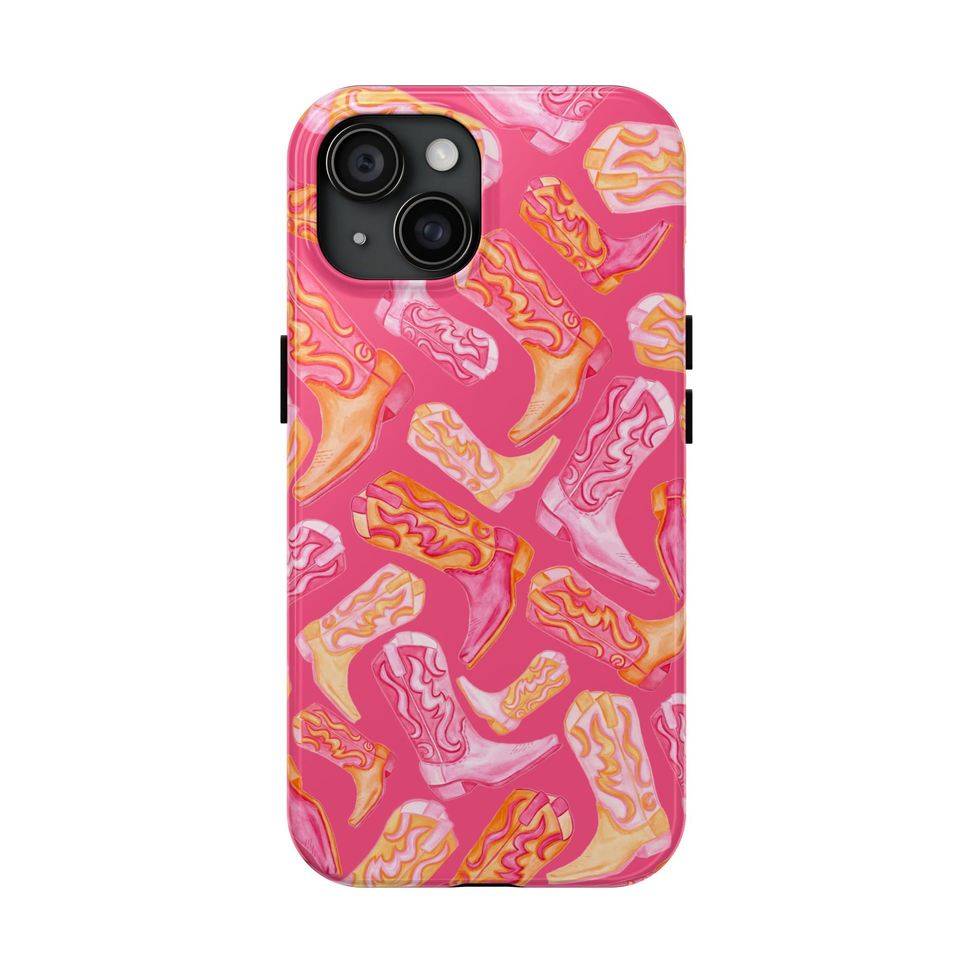 Tossed Hot Pink & Orange Watercolor Cowboy Boots Hot Pink Tough Phone Cases | Various Models iPhone 15