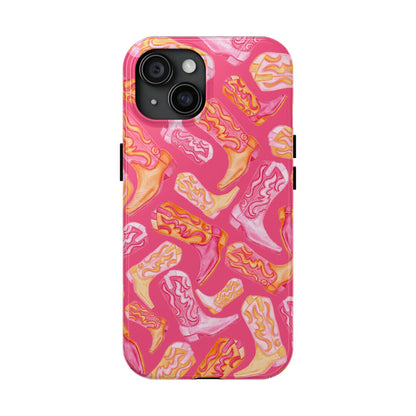 Tossed Hot Pink & Orange Watercolor Cowboy Boots Hot Pink Tough Phone Cases | Various Models iPhone 15